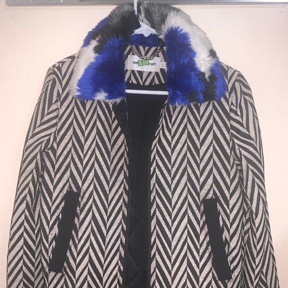 Self Portrait Zigzag Herringbone Pattern Bomber Jacket Zipper Fur Collar Size 4 - Picture 2 of 3